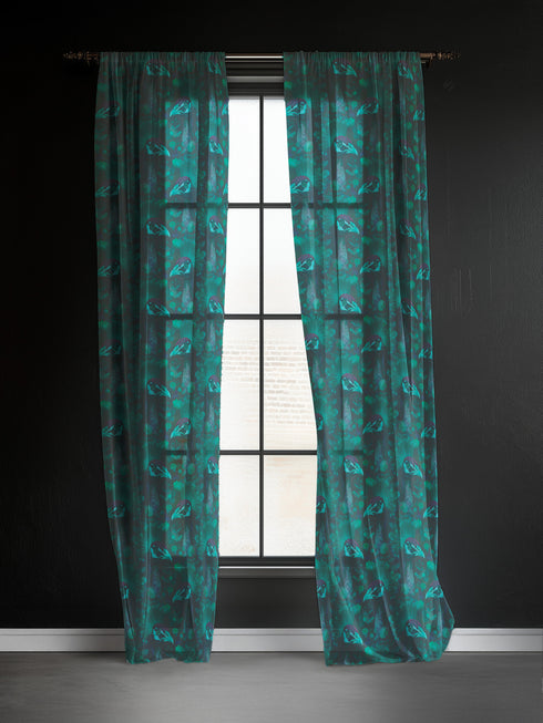 A sheer curtain panel in emerald green featuring a repeating pattern of raven silhouettes and Victorian botanical fan motifs. The fabric has a semi-transparent, linen-like texture.